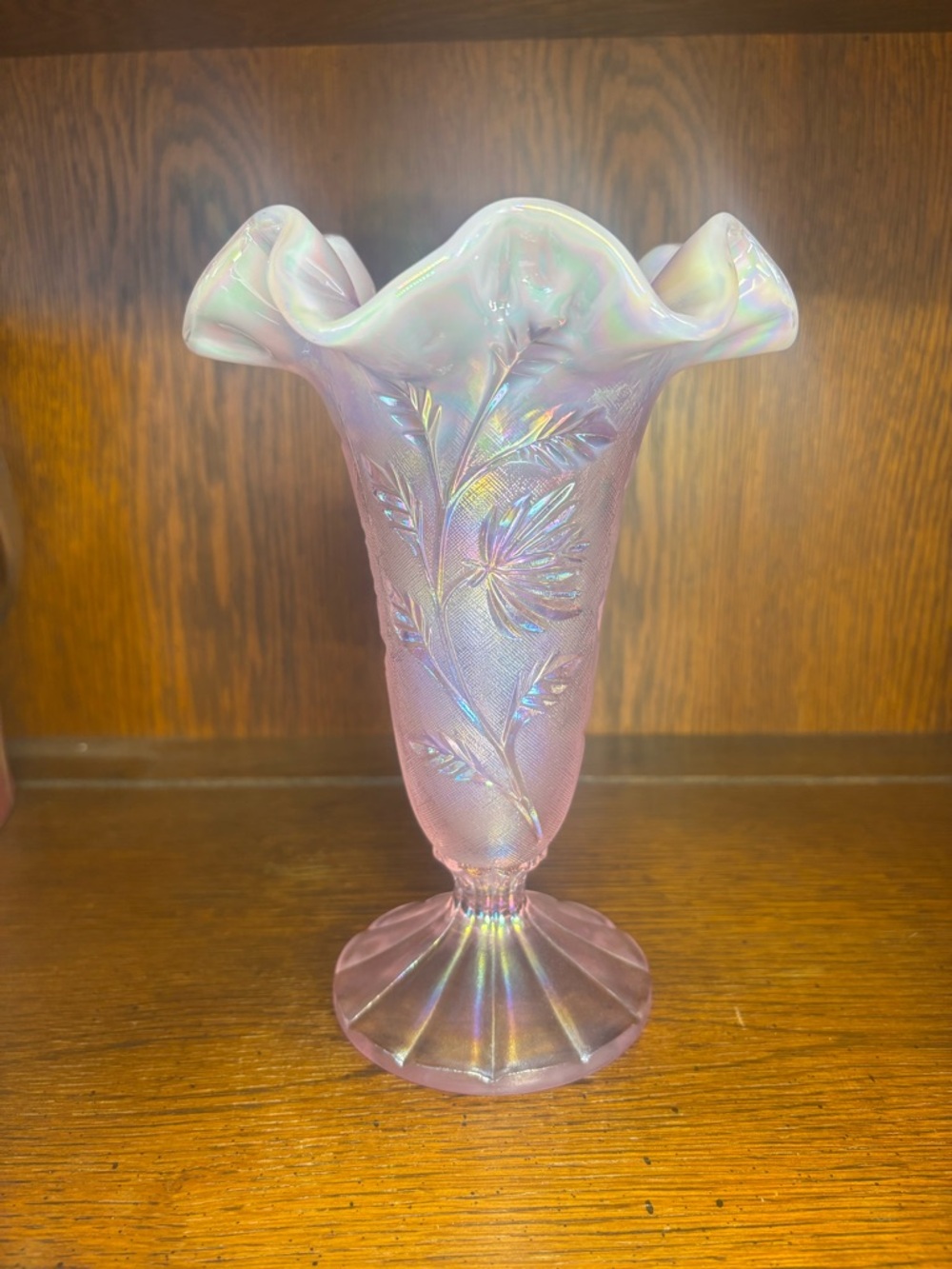 Fenton Iridescent Pink Carnival Glass Ruffled Vase